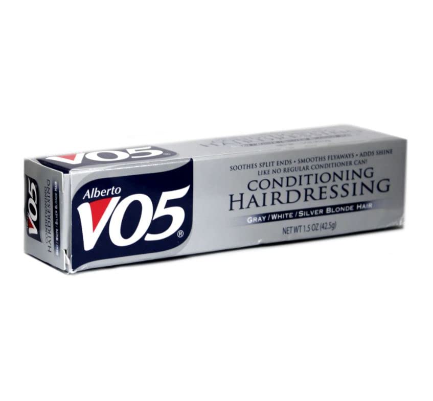 Alberto VO5 Conditioning Hairdressing closeup highlights reflective gloss on silver tones.
