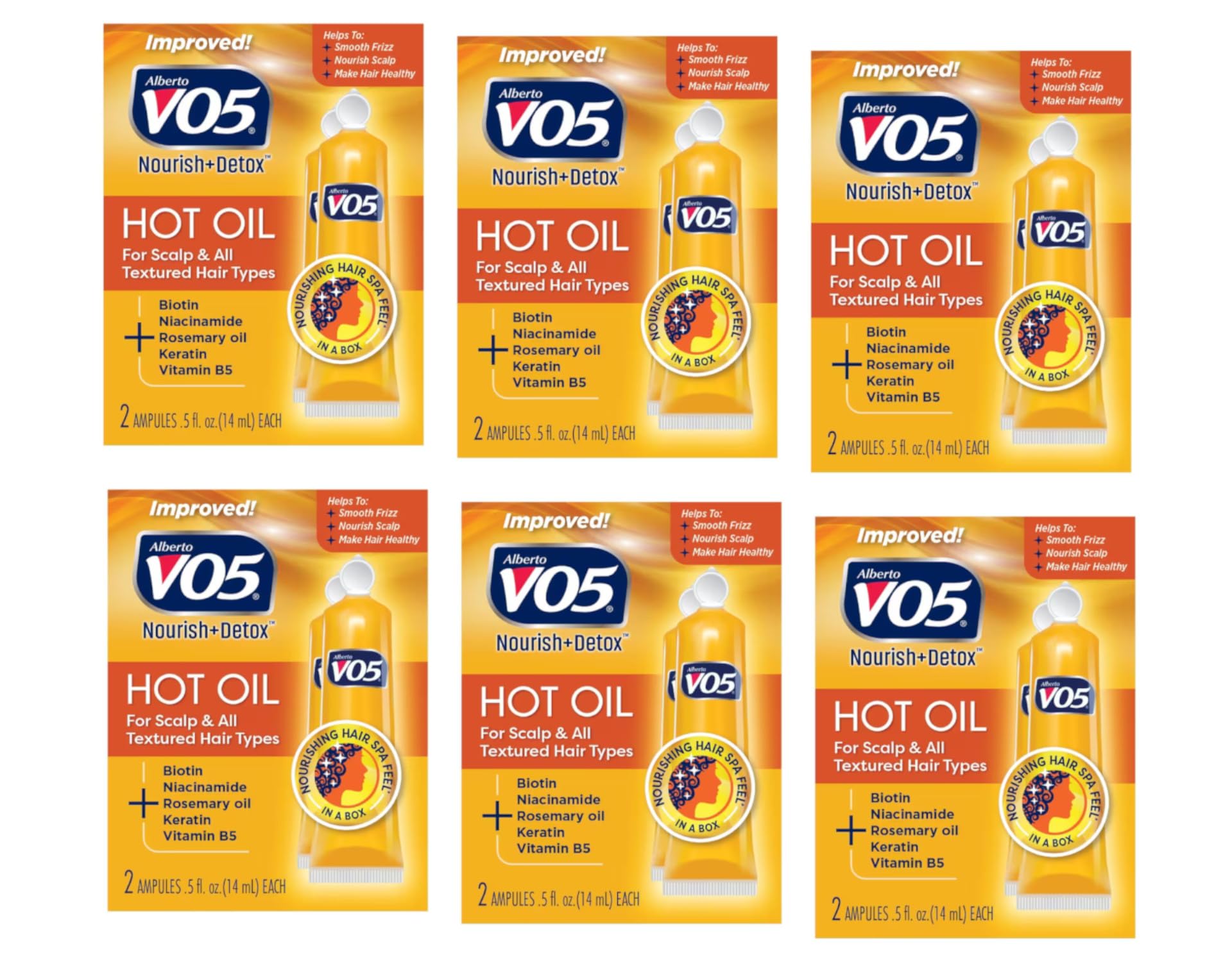 Alberto VO5 Hot Oil Therapy six-pack display emphasizes value and convenience