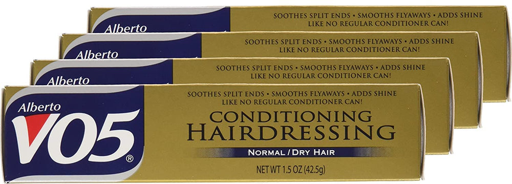 Alberto VO5 Conditioning Hairdressing bottle close-up highlighting creamy formula for smooth hair.