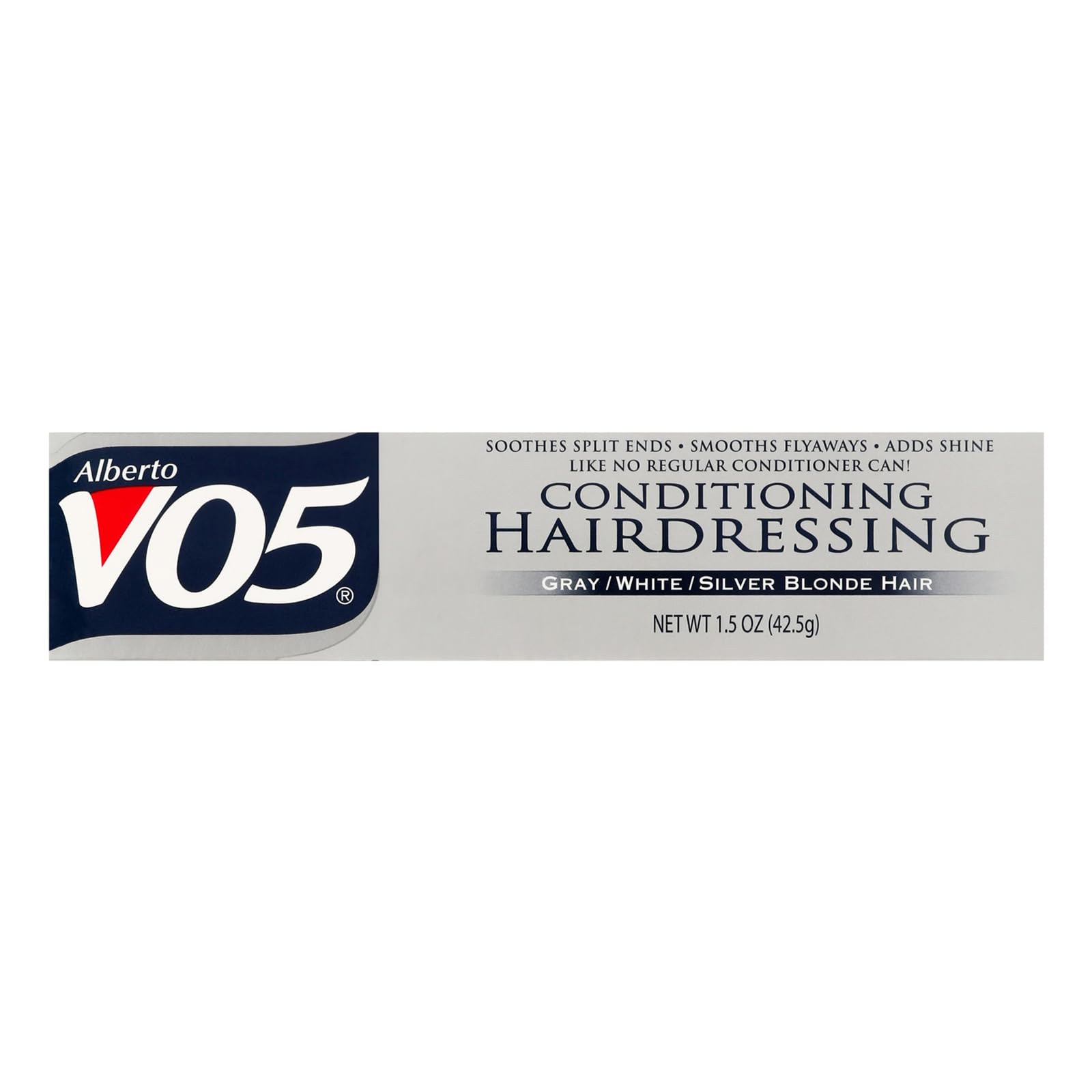 Alberto VO5 Conditioning Hairdressing bottle close-up highlights flyaway taming and shine.