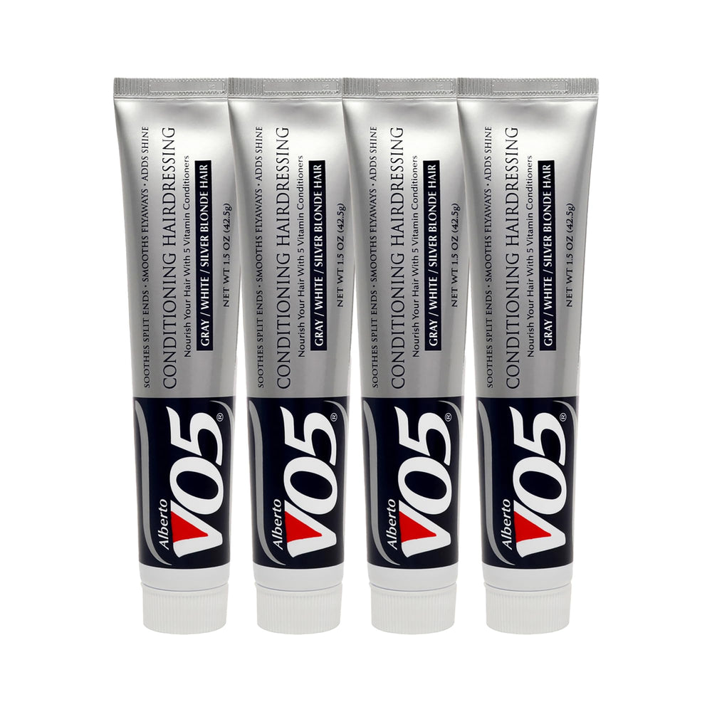 Alberto VO5 Conditioning Hairdressing 4-pack bottle image shows light-hair smoothing and shine