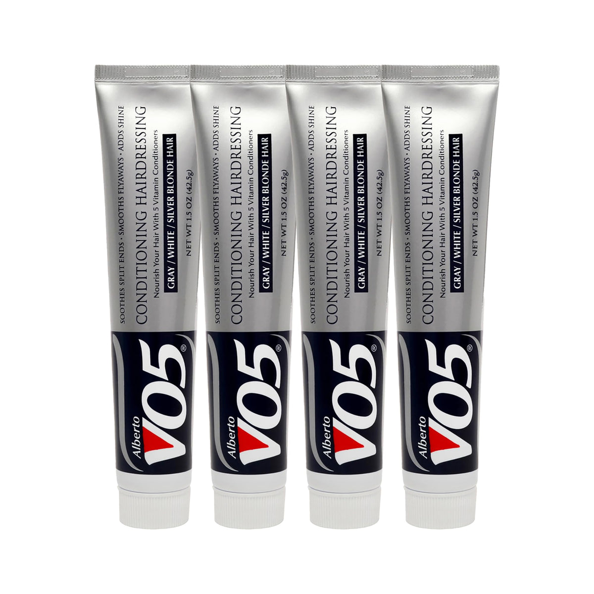 Alberto VO5 Conditioning Hairdressing 4-pack bottle image shows light-hair smoothing and shine