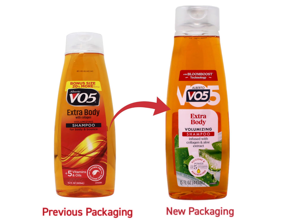 Alberto VO5 Extra Body Shampoo label detail highlights ingredients and benefits