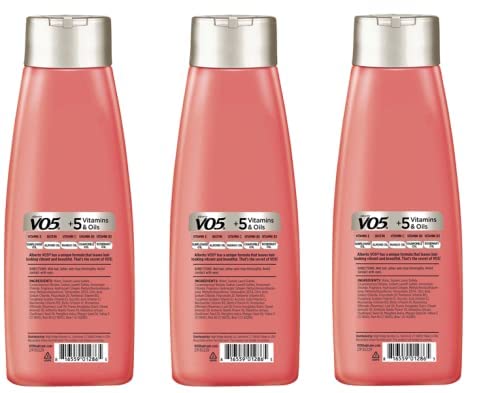 Alberto VO5 Extra Body Volumizing Shampoo bottle back label noting collagen and aloe hydration.