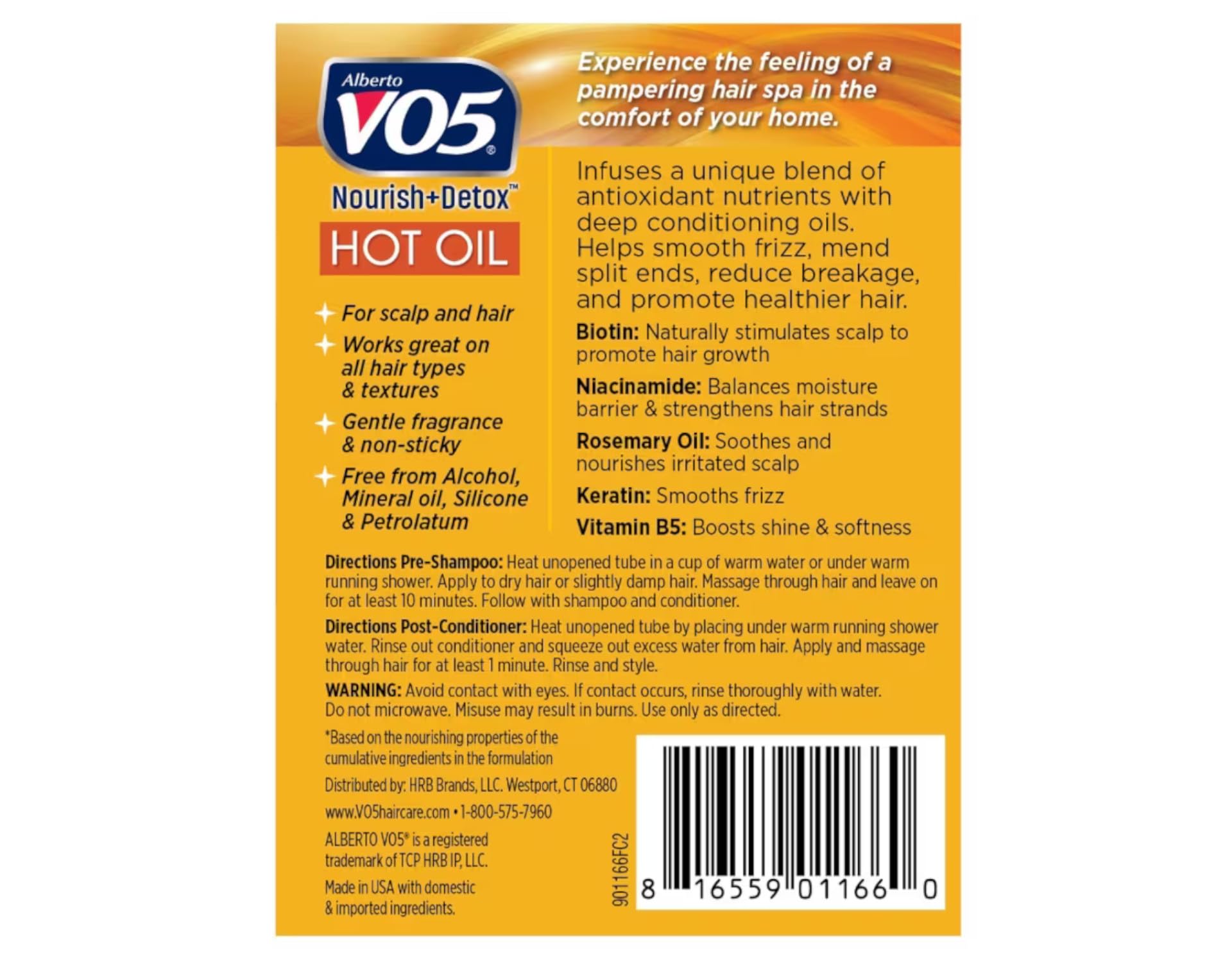 Alberto VO5 Hot Oil application on damp hair delivers conditioning from roots to ends.