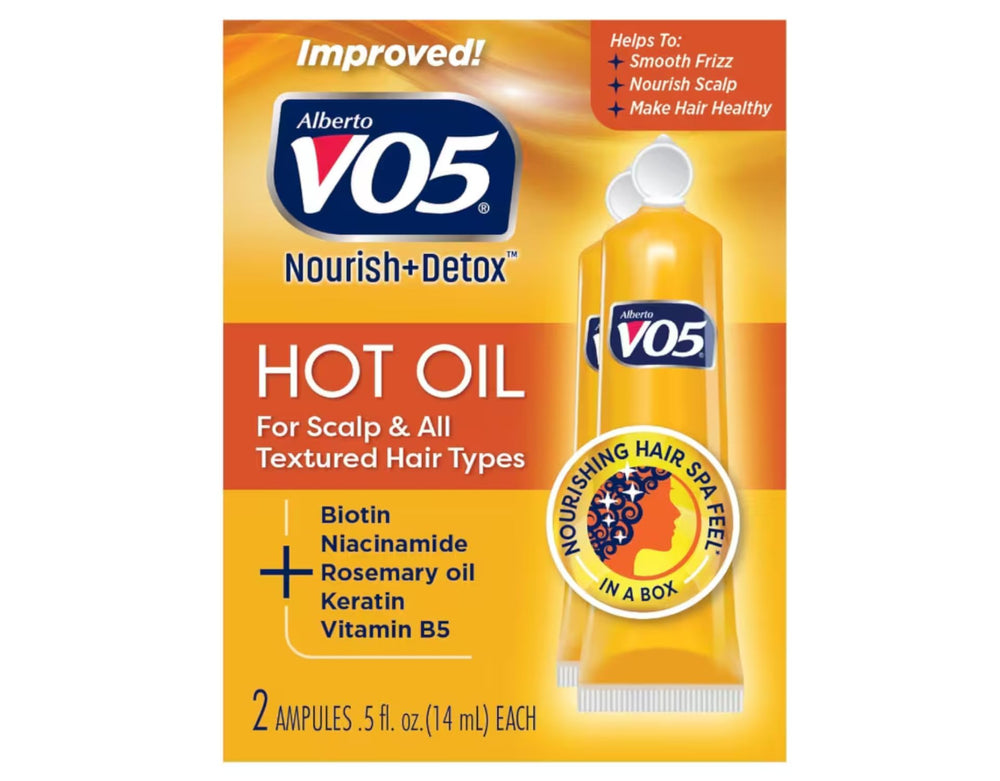 Alberto VO5 Hot Oil packaging highlights a 3-pack value for home spa days.