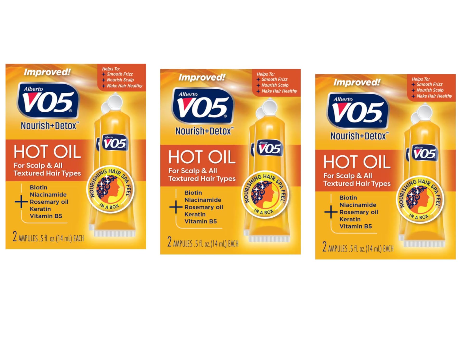 Alberto VO5 Hot Oil tubes close-up highlighting nourishing treatment for silky, manageable hair.