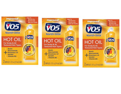 Alberto VO5 Hot Oil tubes close-up highlighting nourishing treatment for silky, manageable hair.