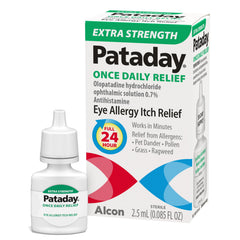 Alcon Pataday bottle with drops for fast allergy itch relief.