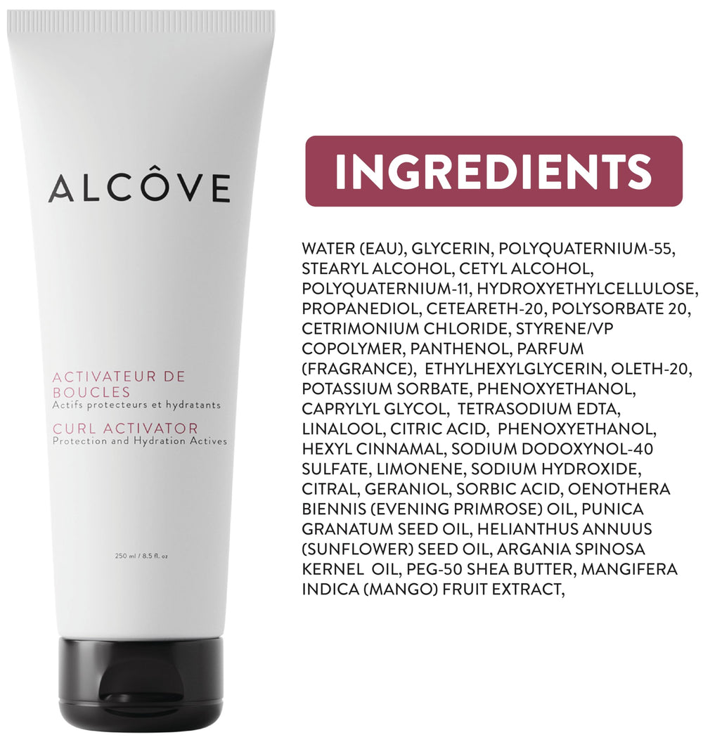 Alcôve Curl Activator ingredients argan and pomegranate closeup highlight moisture.