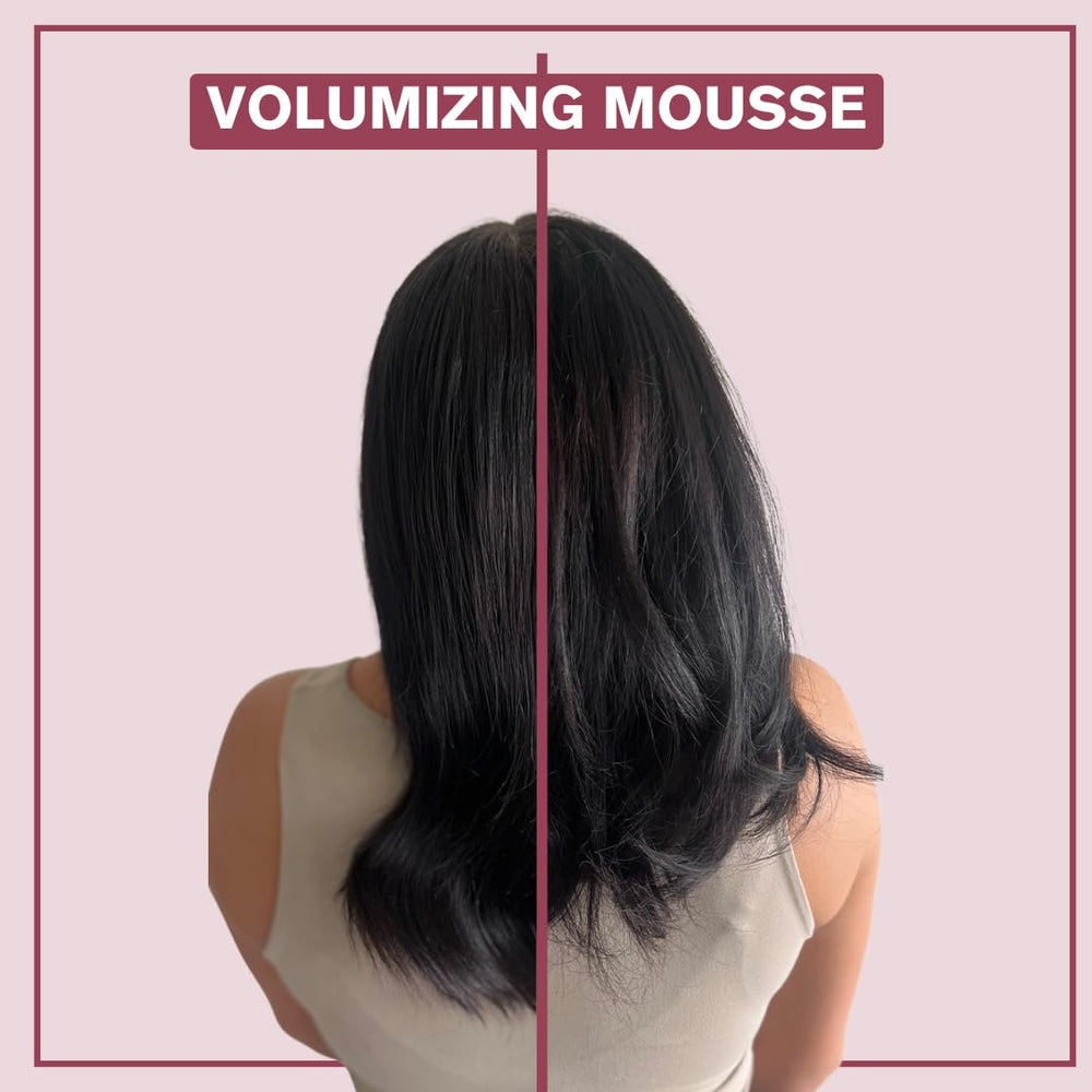 Alcôve Volumizing Mousse pump application on hair demonstrates light hold and anti-frizz.