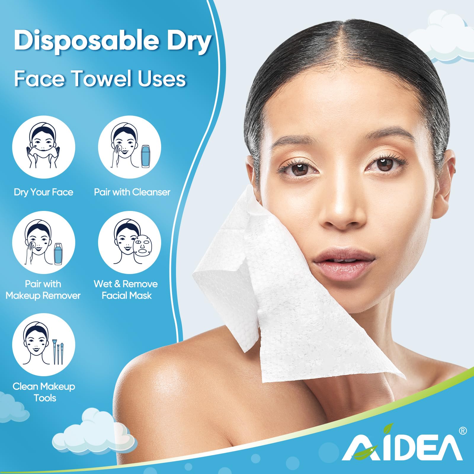 AIDEA AlDEA face towels makeup removal demonstration emphasizes gentle cleansing.
