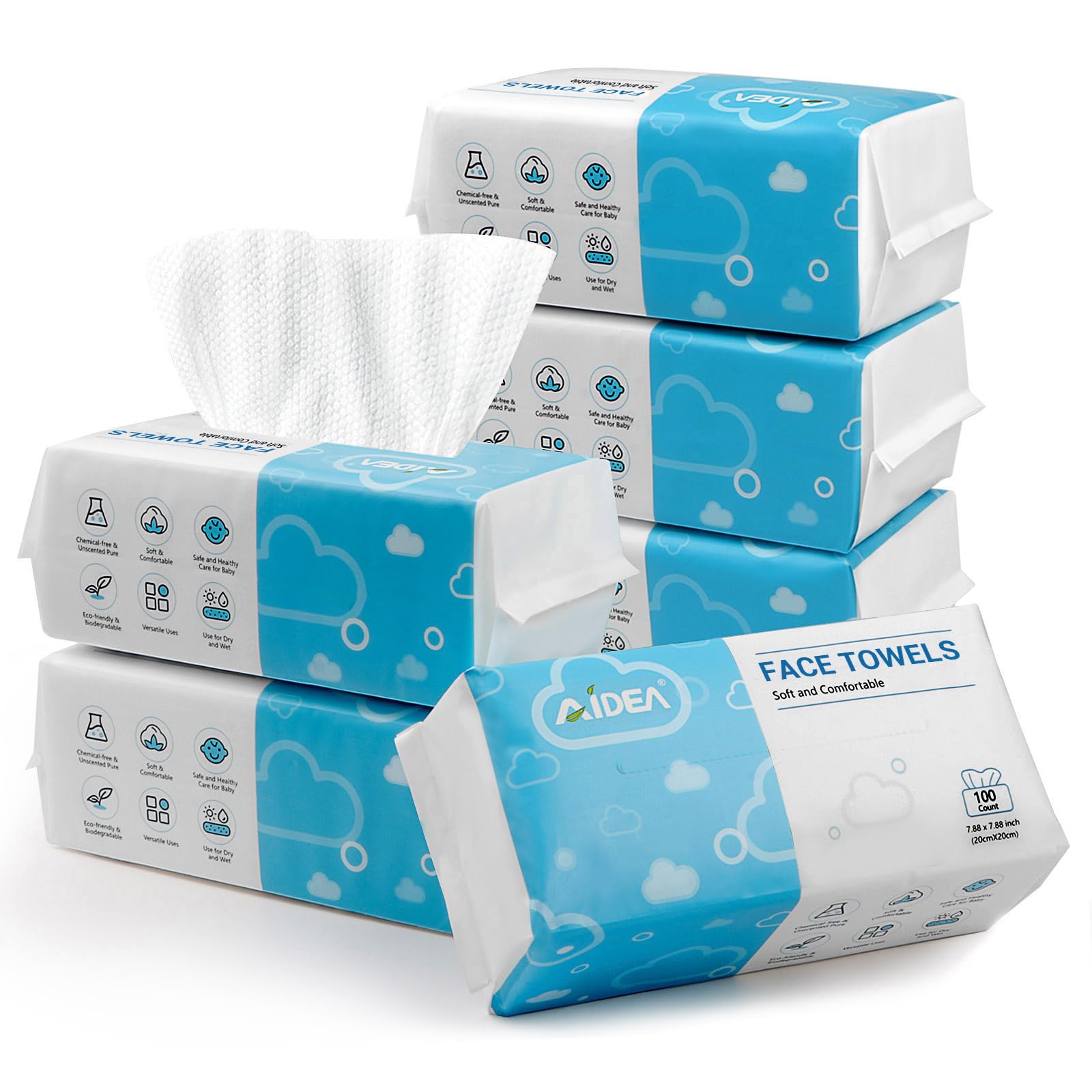 AIDEA AlDEA face towels packaging shows bulk six-pack for travel convenience.