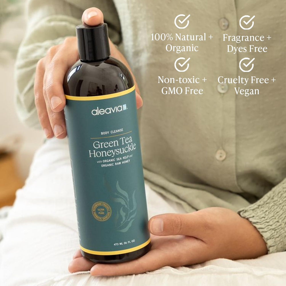 Aleavia Body Cleanse raw honey jar emphasizes natural ingredients supporting skin vitality and glow.