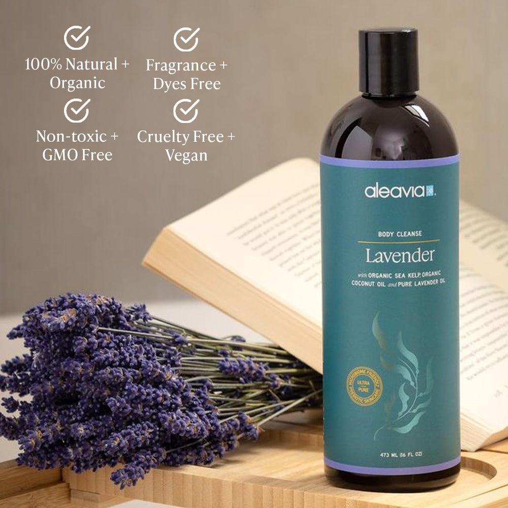 Aleavia Lavender Body Cleanse pour captures smooth texture and lavender aroma for spa-like routine