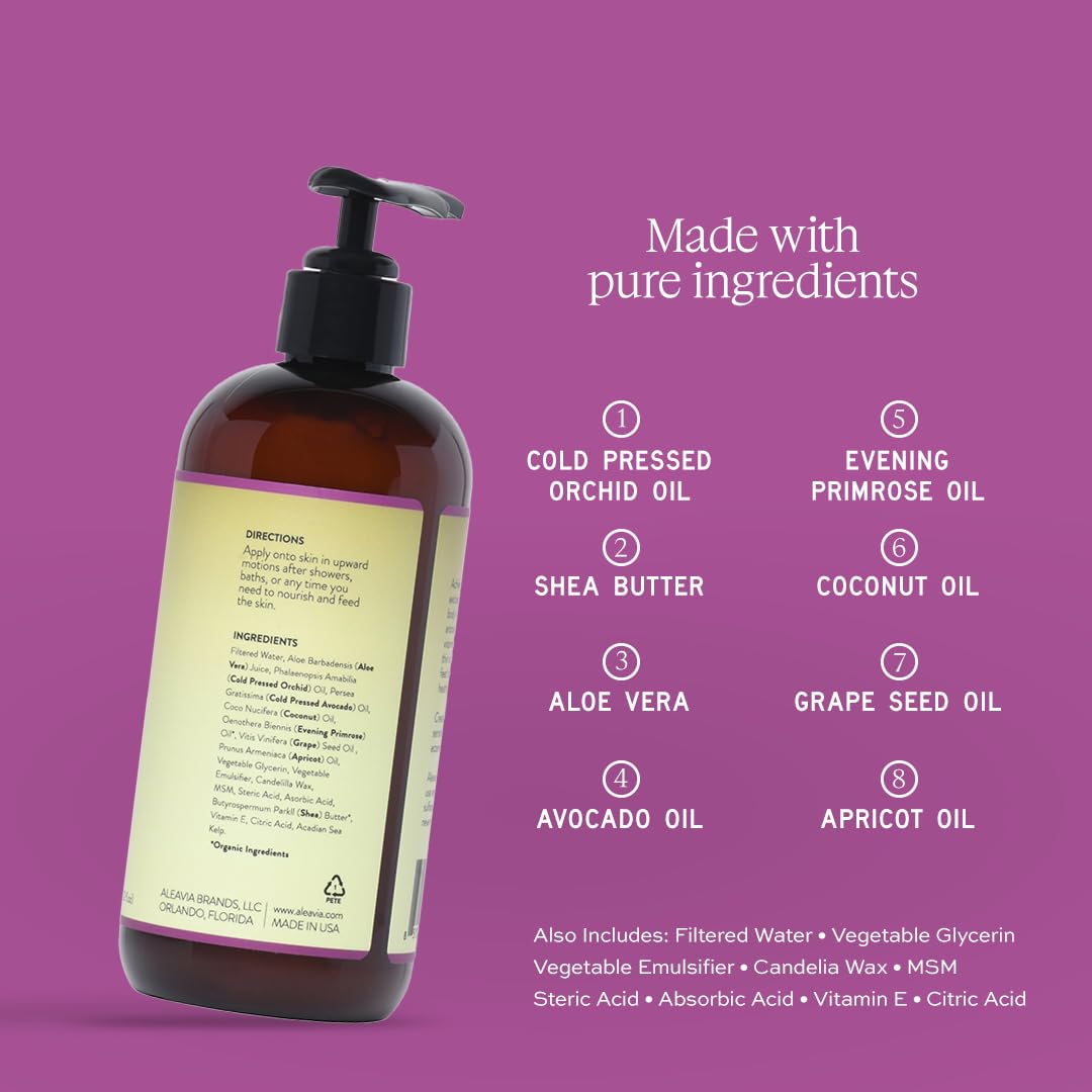 Aleavia Orchid Prebiotic Body Lotion pump demonstrates easy dispensing for quick coverage
