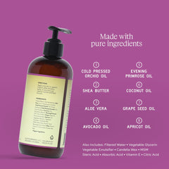 Aleavia Orchid Prebiotic Body Lotion pump demonstrates easy dispensing for quick coverage
