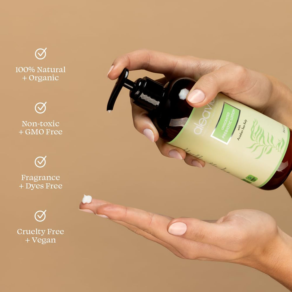Aleavia lotion after-shower application demonstrates smooth absorption.