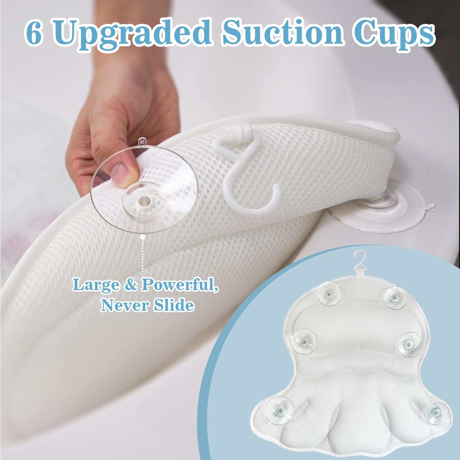 Aleponna bath pillow six suction cups keep your pillow securely in place.