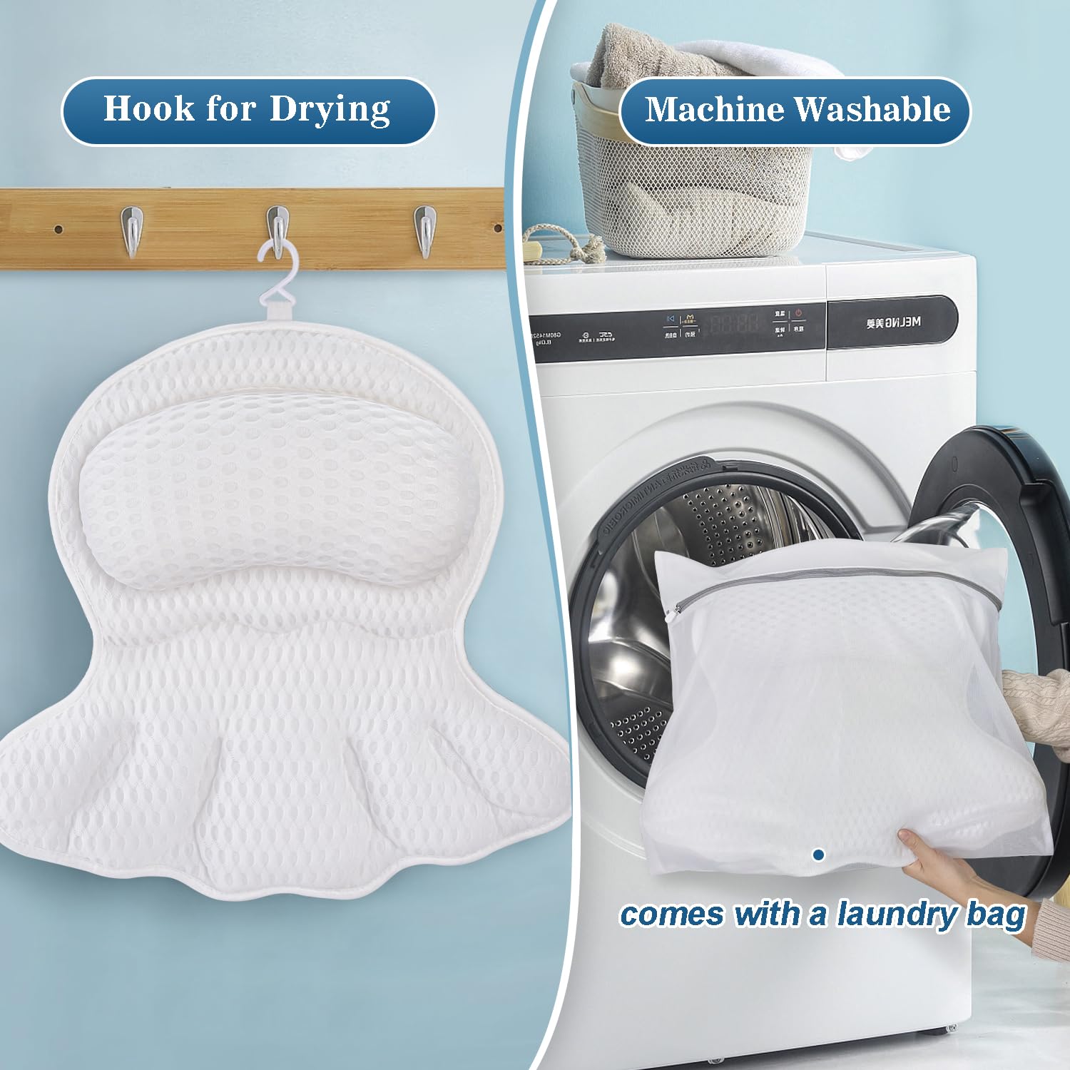 Aleponna bath pillow provides back and neck support for a relaxed soak.
