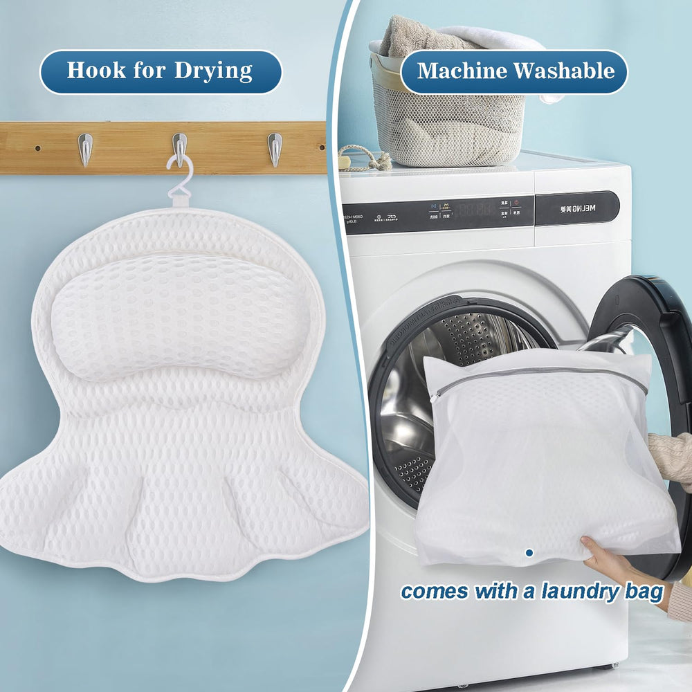Aleponna bath pillow provides back and neck support for a relaxed soak.