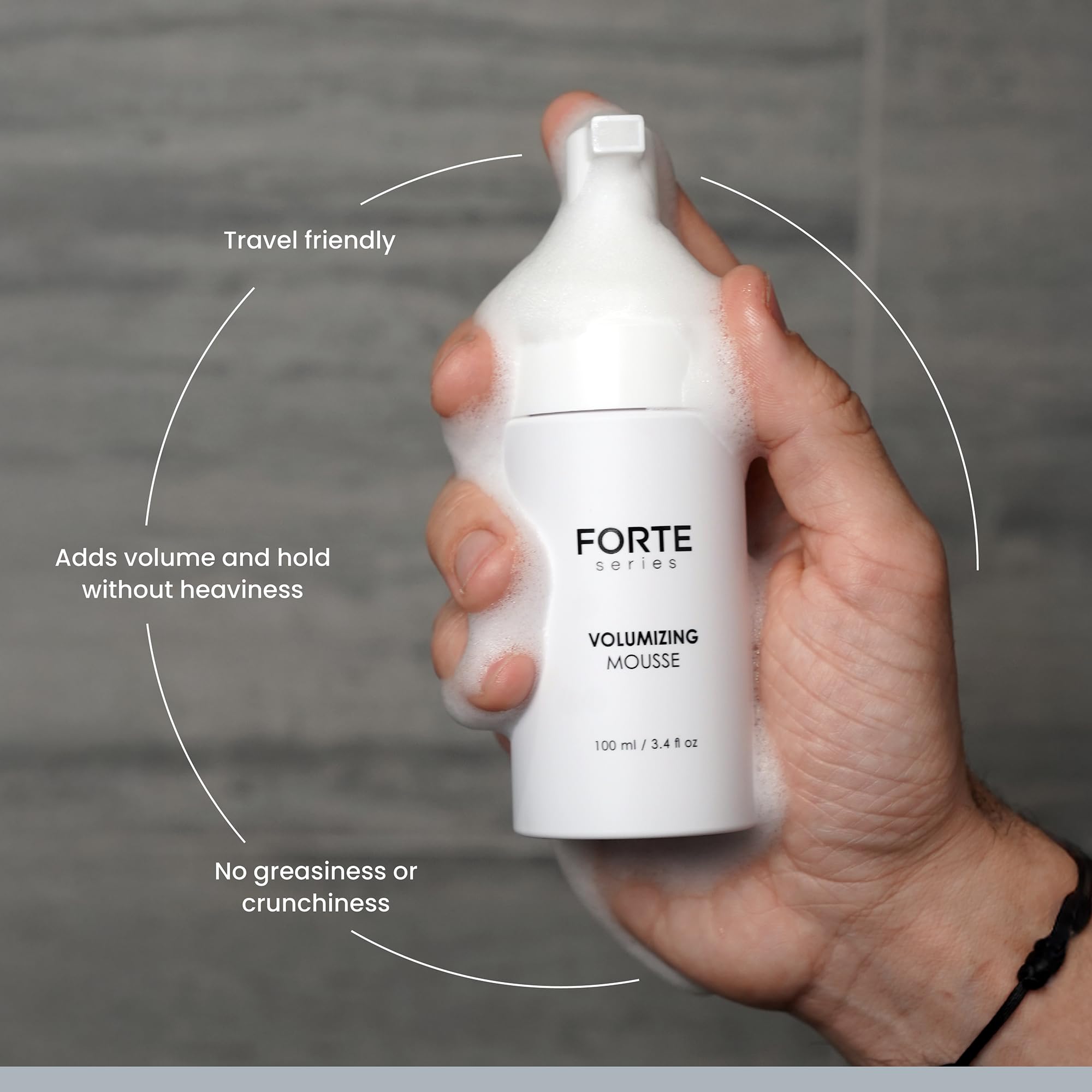 Alex Costa Forte Series mousse-application closeup shows lightweight texture and lift.