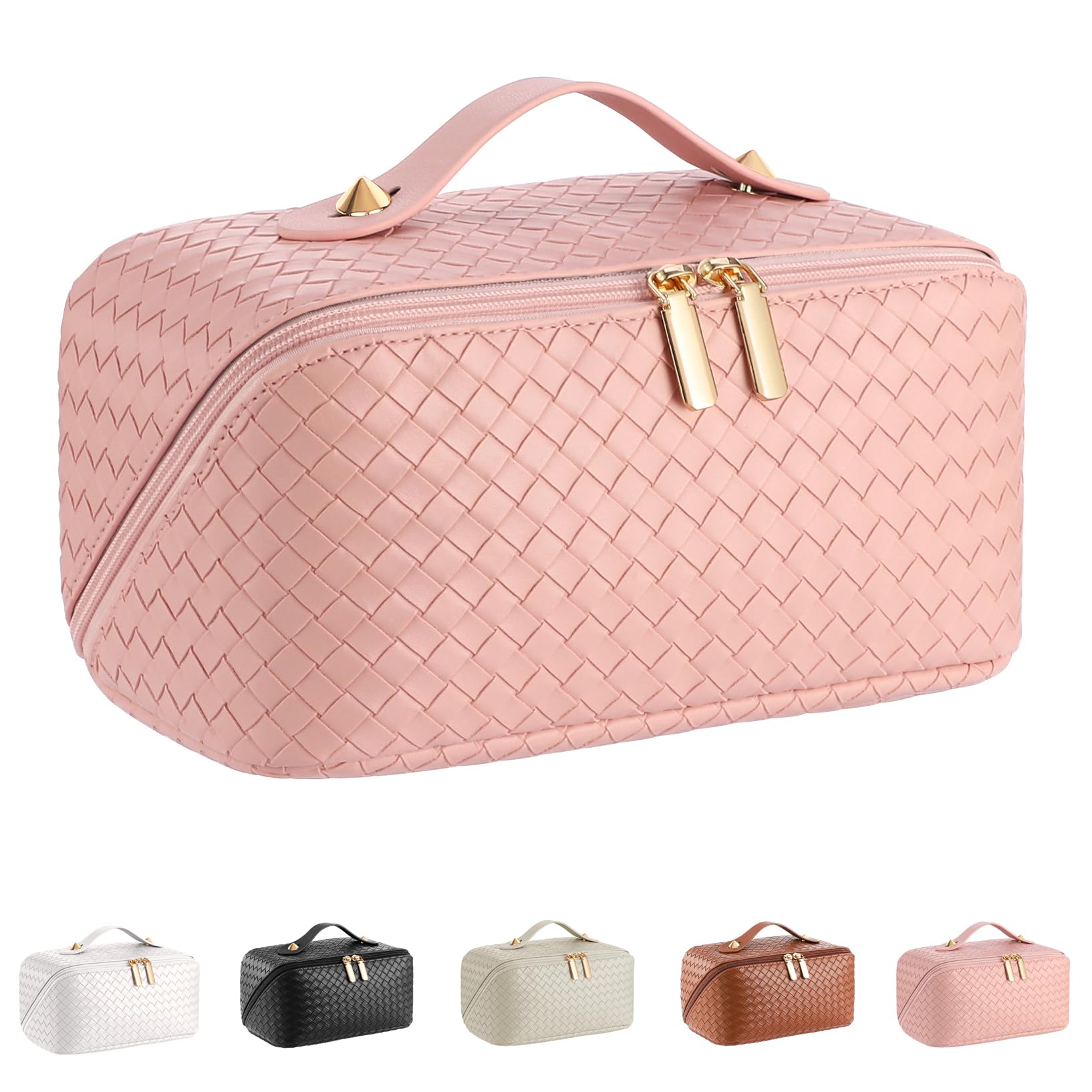 ALEXTINA large-capacity travel cosmetic bag in pink, open for easy access to essentials.