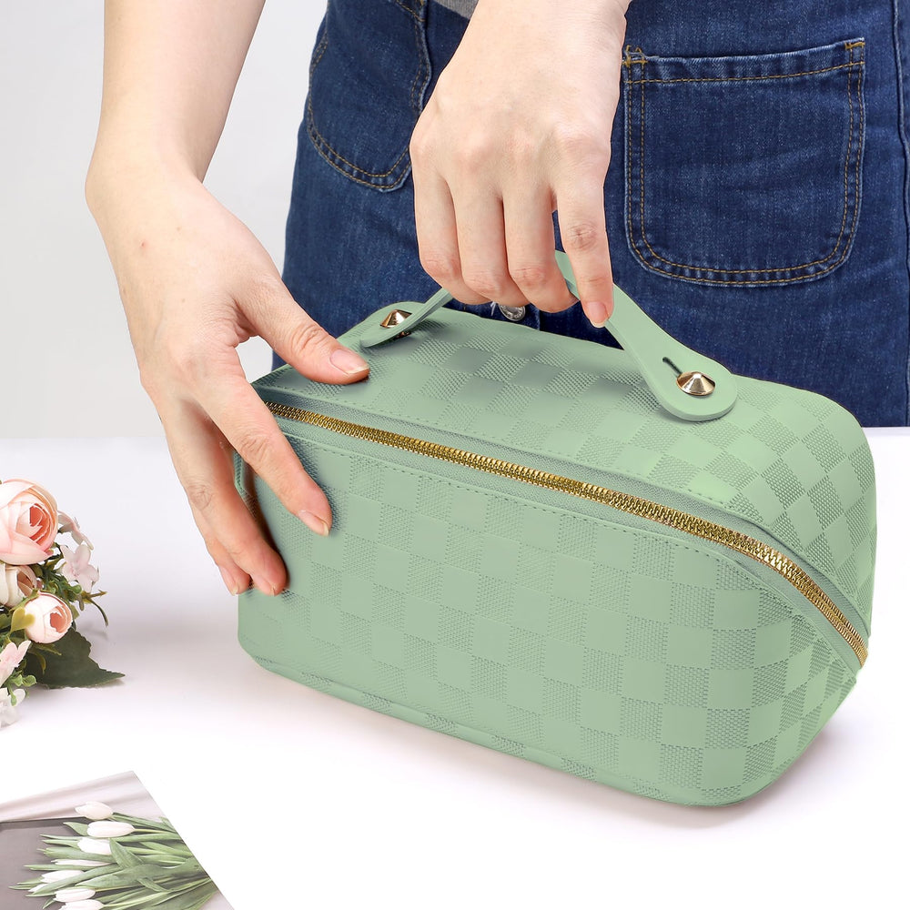 ALEXTINA travel cosmetic bag in use holds makeup and toiletries for on-the-go routines.