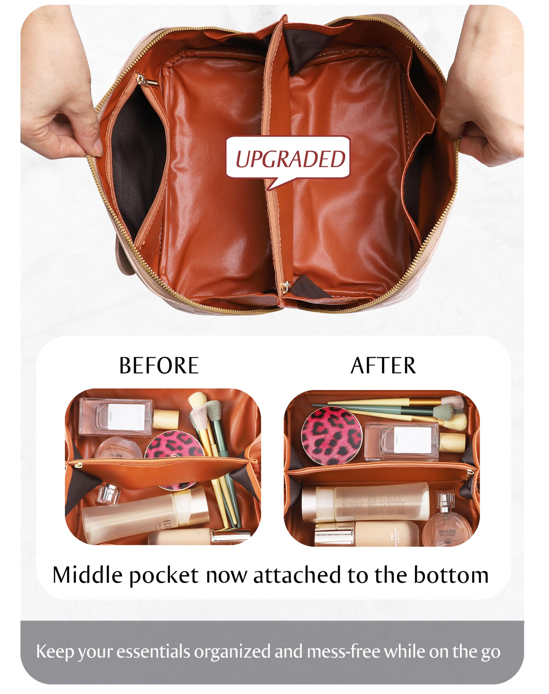 ALEXTINA travel cosmetic bag inner lining is woven for durability and easy cleaning.