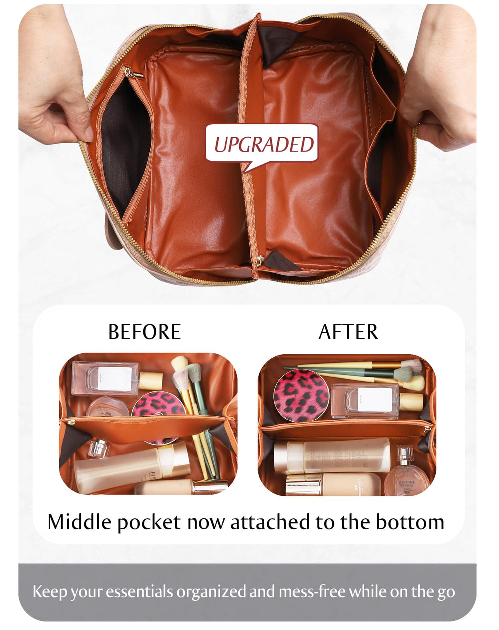 ALEXTINA travel cosmetic bag inner lining is woven for durability and easy cleaning.
