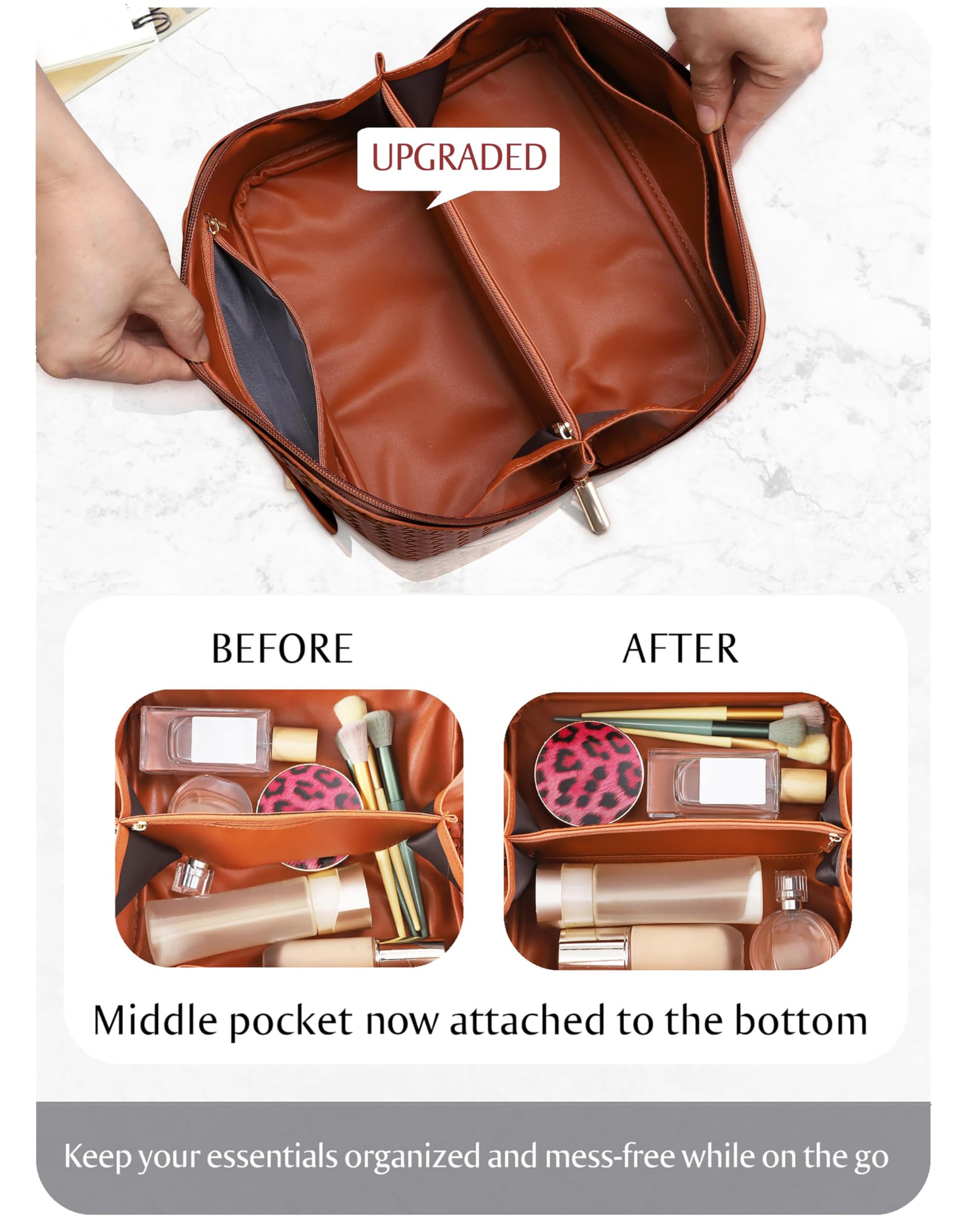 ALEXTINA middle pouch anchors items for easy retrieval during busy mornings