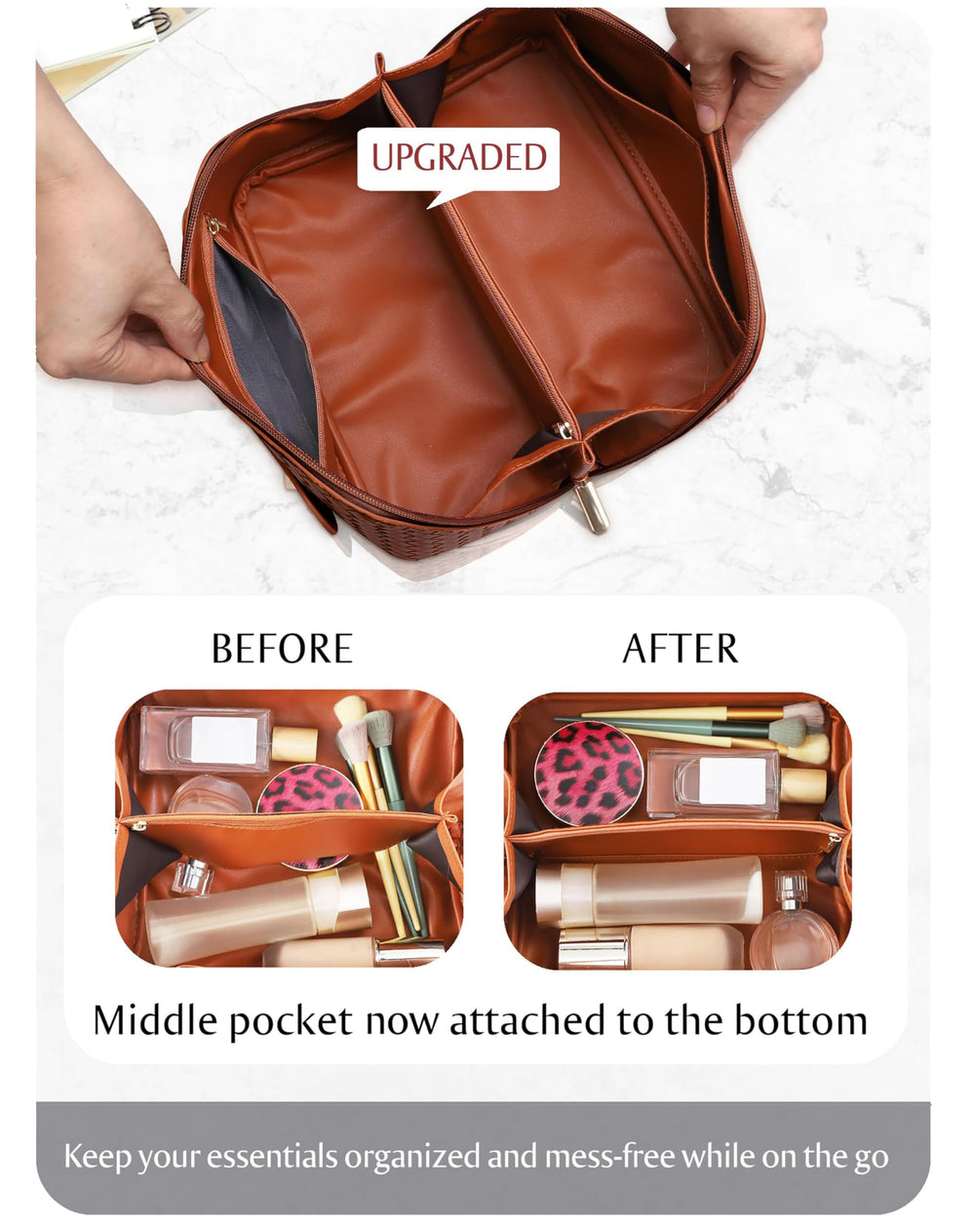 ALEXTINA middle pouch anchors items for easy retrieval during busy mornings
