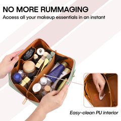 ALEXTINA travel cosmetic bag open flat shows wide access for fast makeup retrieval.