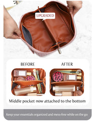 ALEXTINA waterproof PU leather bag keeps contents protected in wet climates.