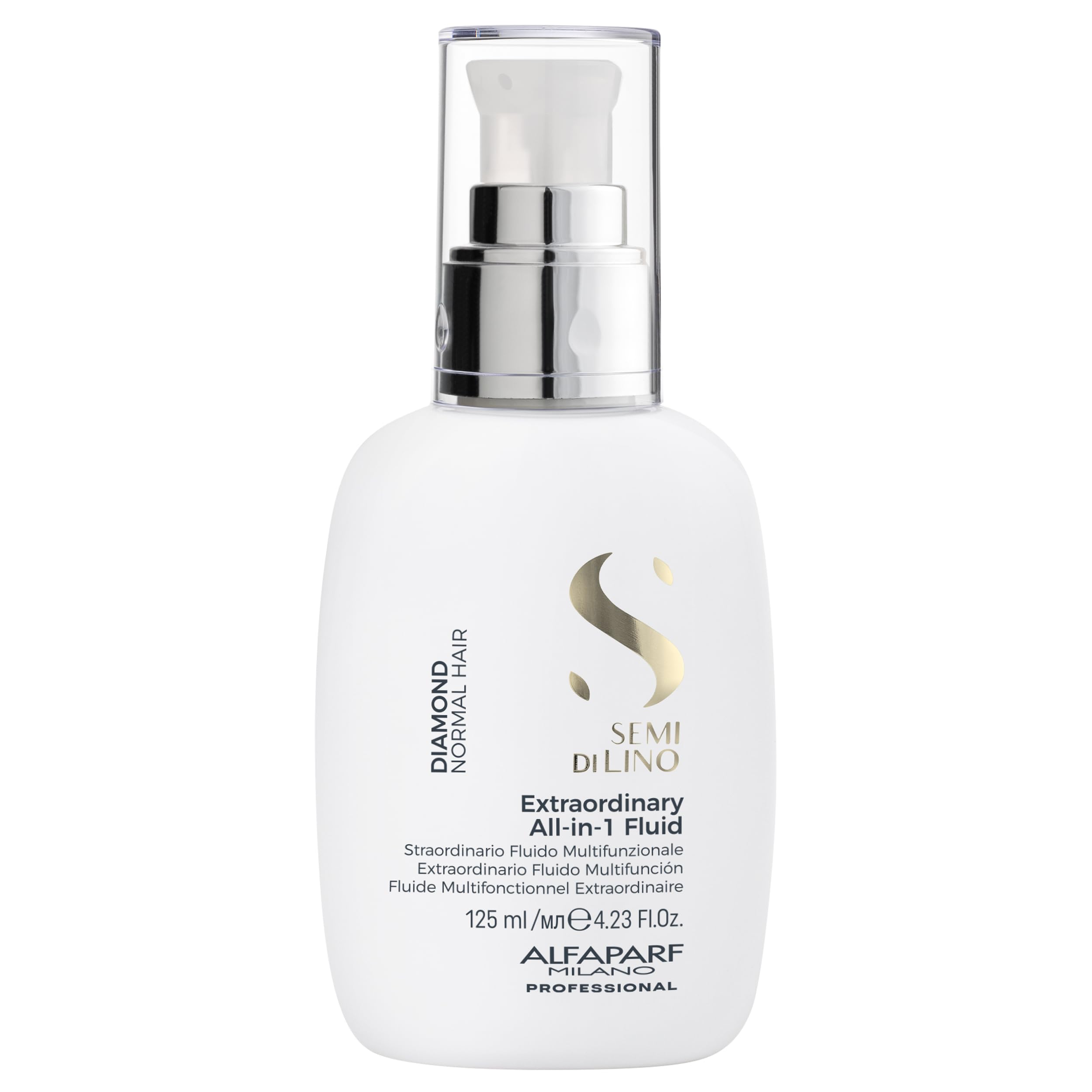 ALFAPARF MILANO Semi di Lino Diamond bottle pour demonstrates instant shine and easy application.