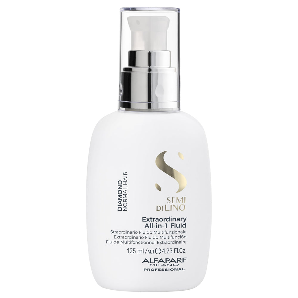 ALFAPARF MILANO Semi di Lino Diamond bottle pour demonstrates instant shine and easy application.