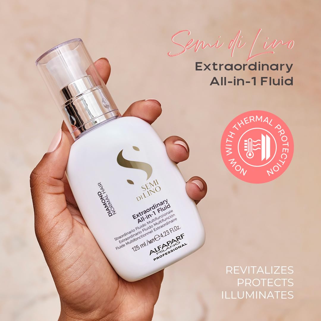 ALFAPARF MILANO Semi di Lino Diamond image emphasizes UV protection for color care.
