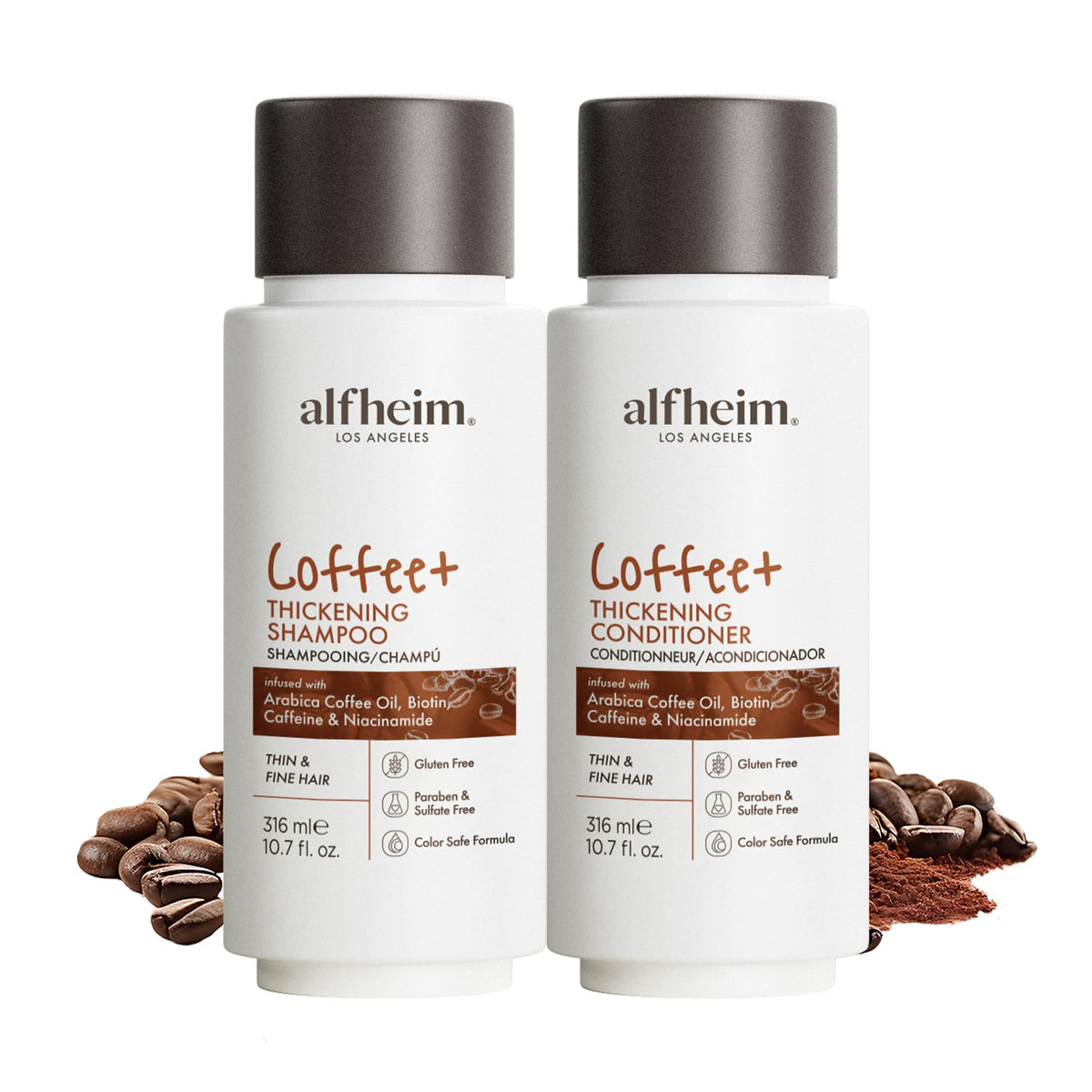ALFHEIM Coffee+ shampoo bottle highlights caffeine-fueled volume for fine hair