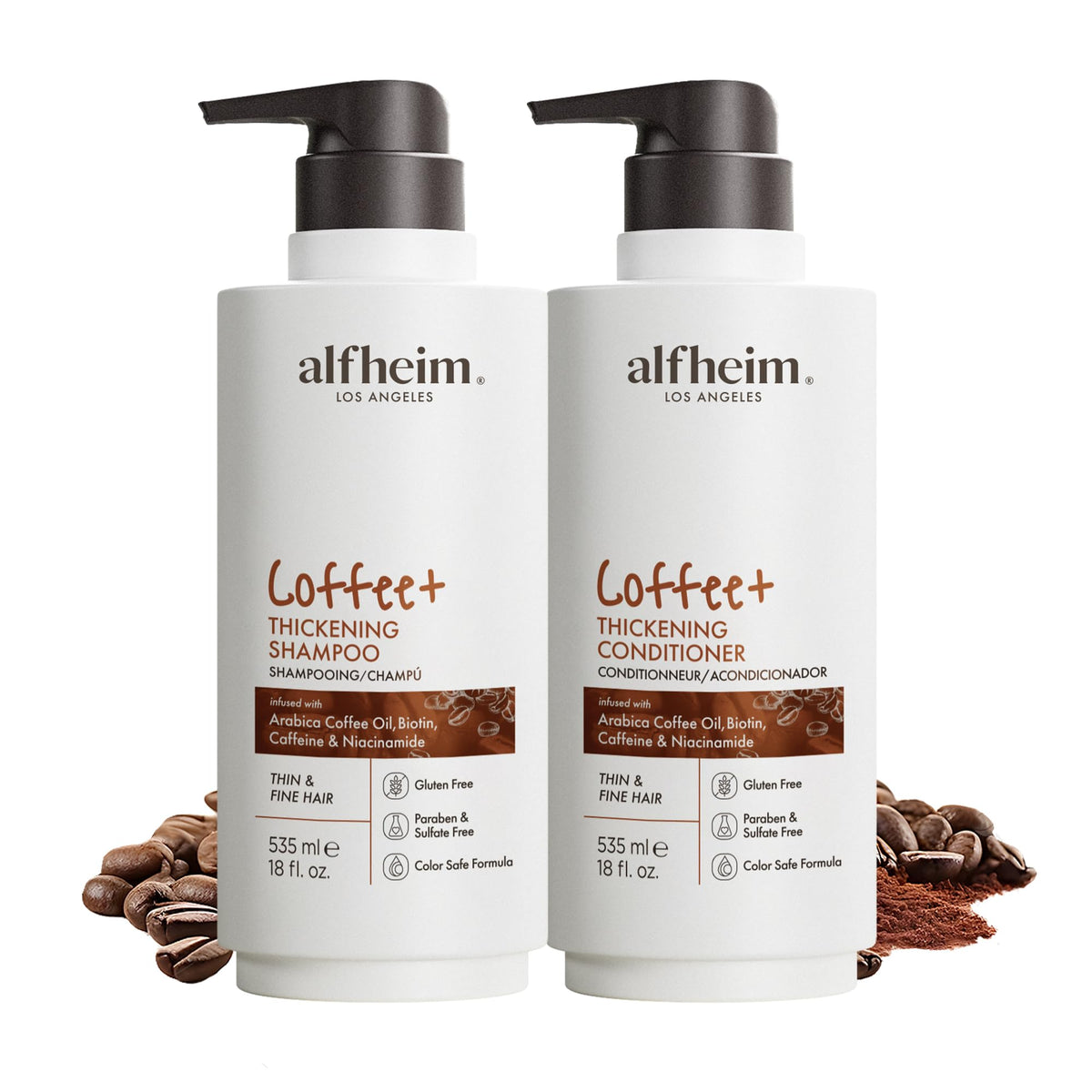 ALFHEIM Coffee+ Shampoo bottle with rich lather promotes fuller-looking hair