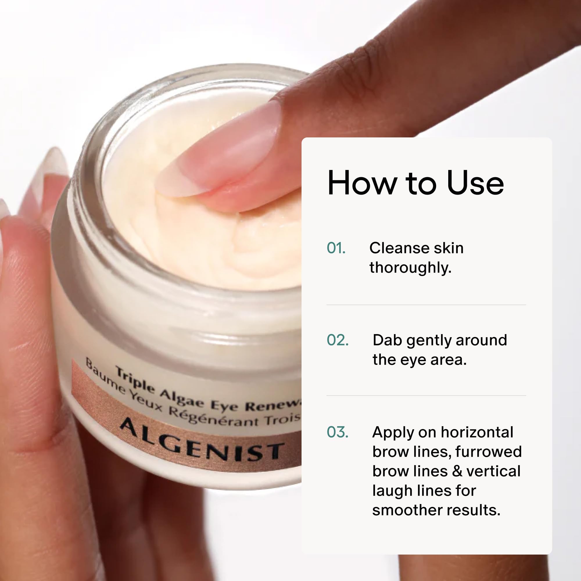 Algenist Triple Algae Eye Renewal Balm image hints at a potential brightening effect.