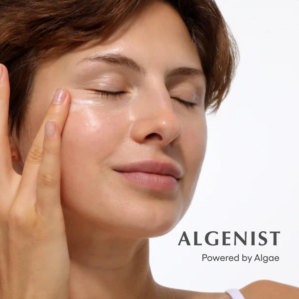 Algenist Eye Renewal Balm closeup texture emphasizes rich, hydrating cream for under-eye care.