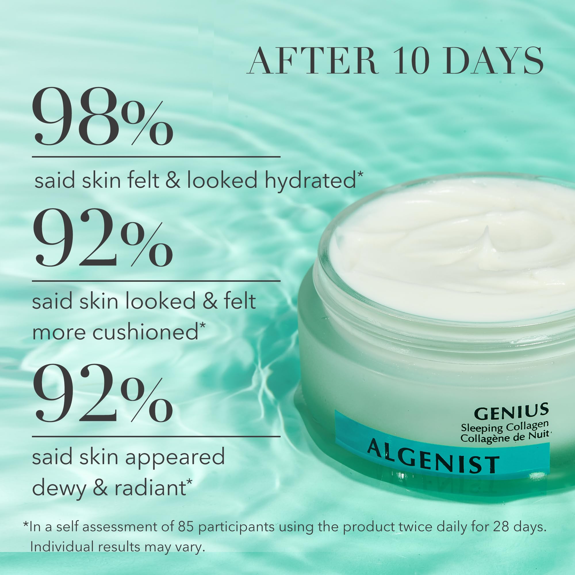 Algenist Genius Sleeping Collagen Night Cream dispense jar for nightly ease.