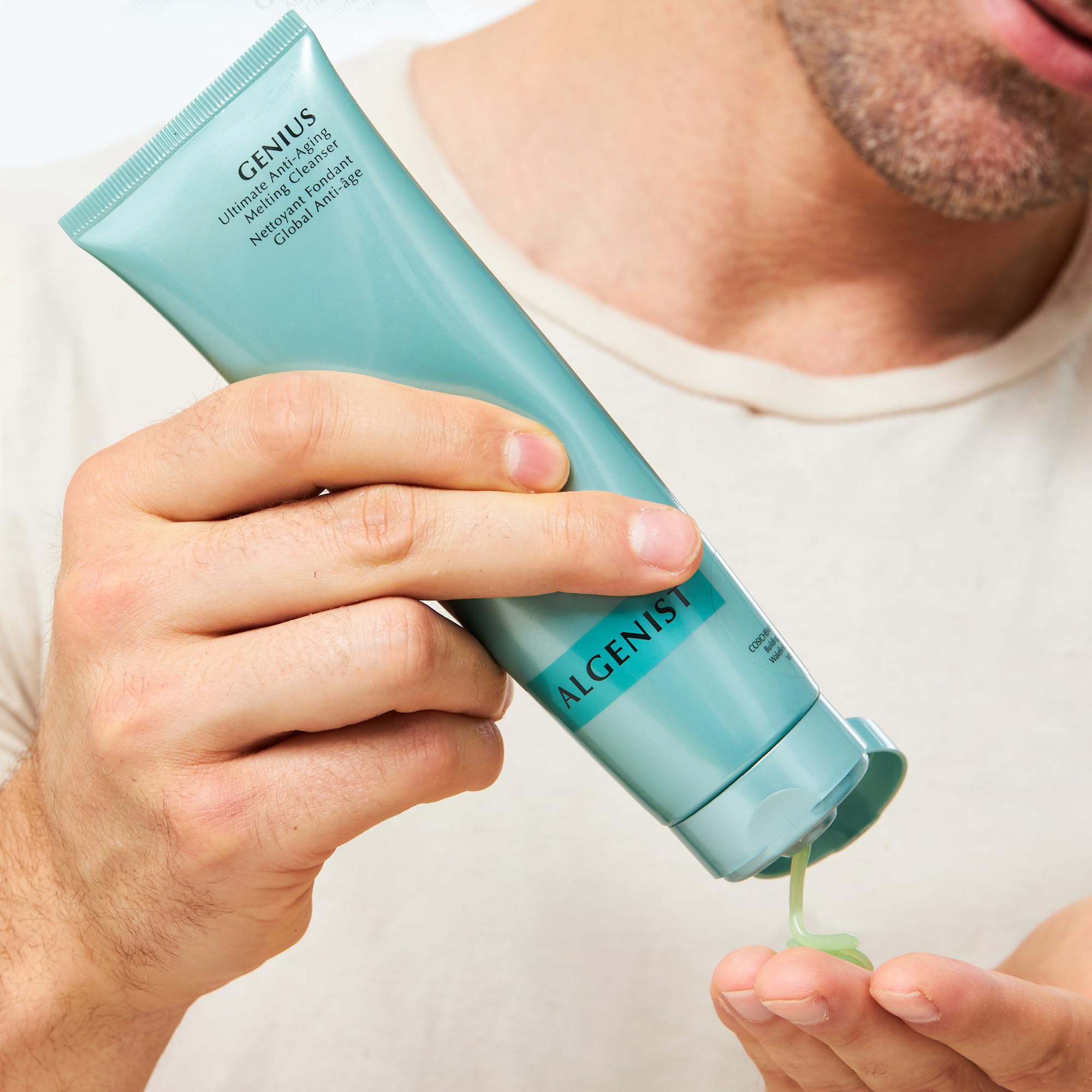 Algenist Genius Ultimate Cleanser emulsion rinse showcases a light, comfortable finish after cleansing