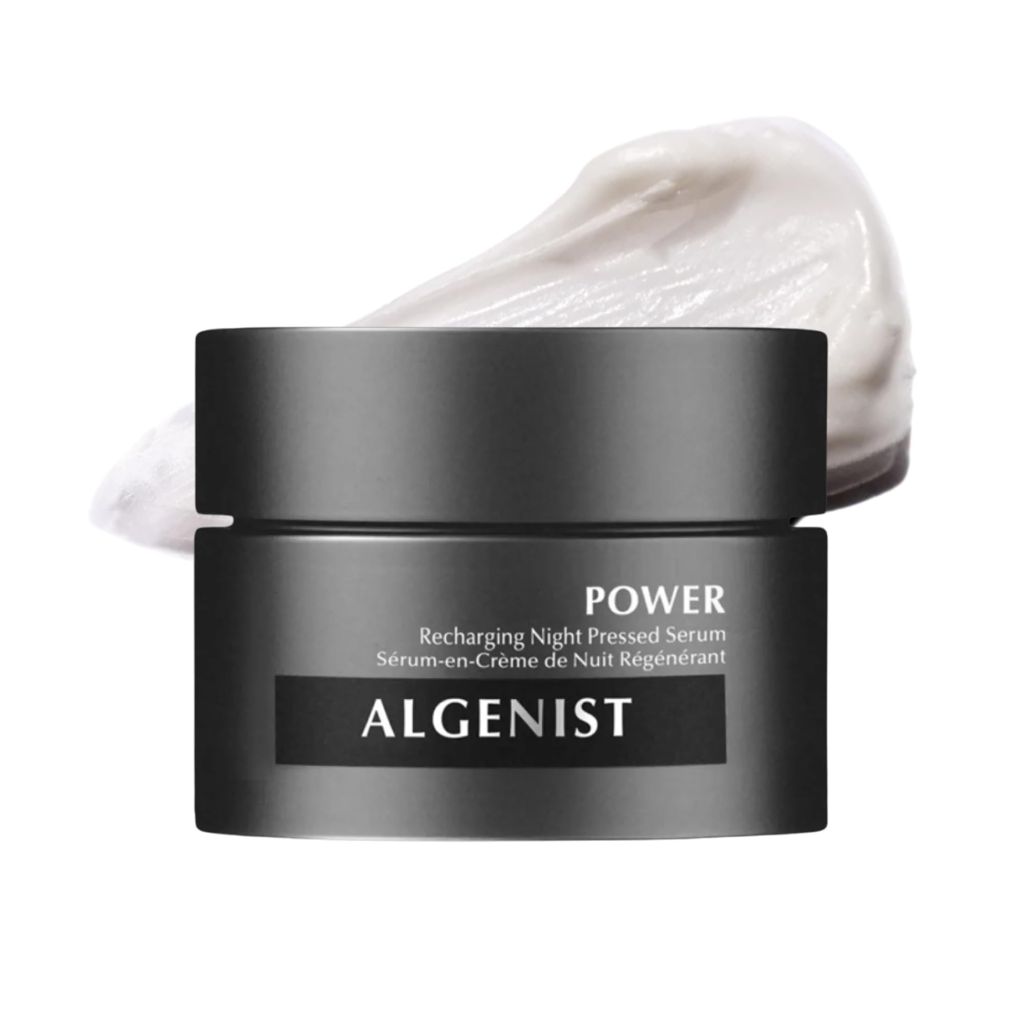 Algenist Power Recharging Night Pressed Serum jar for overnight glow boost.