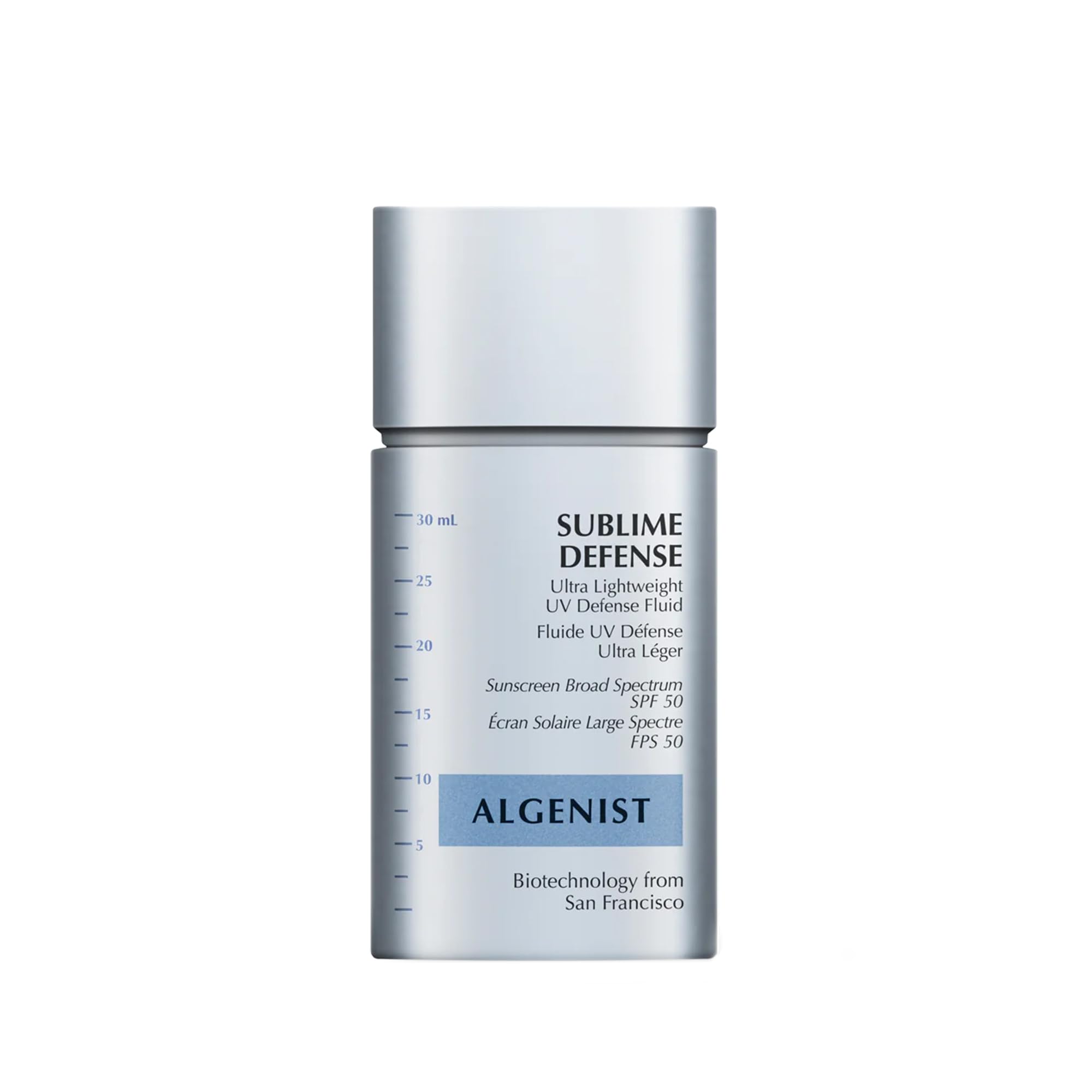 Algenist Sublime Defense bottle front offers sheer SPF50 protection for daily use.
