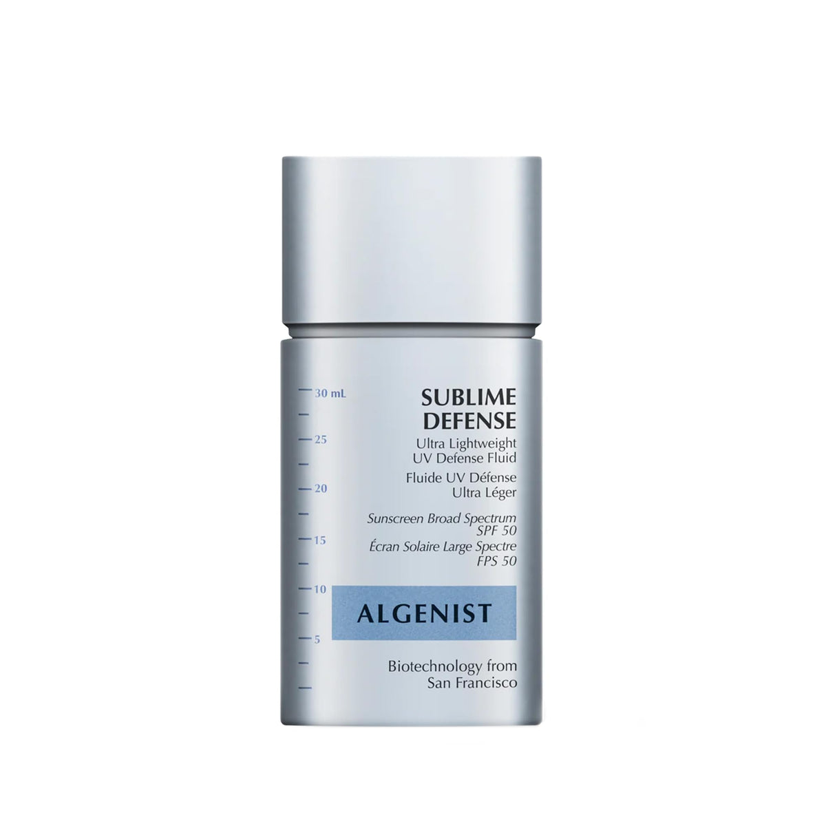 Algenist Sublime Defense bottle front offers sheer SPF50 protection for daily use.