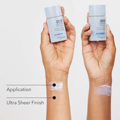 Algenist Sublime Defense pump application shows easy, even coverage for daily sun protection.