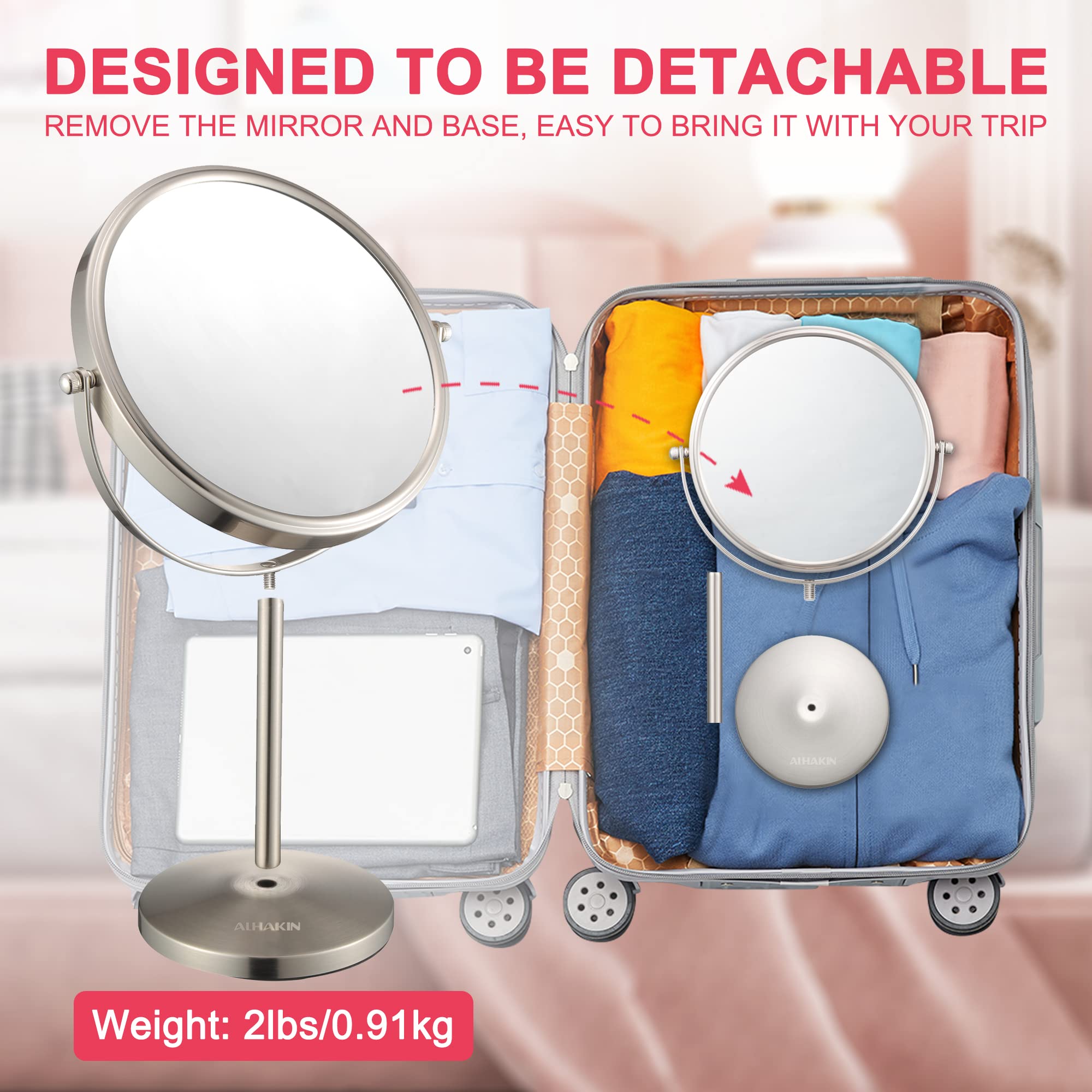 ALHAKIN detachable base makeup mirror ready for travel