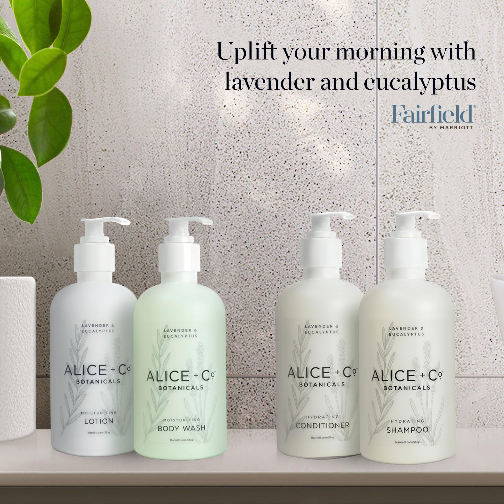 Alice + Co. Bathroom scene with shampoo and conditioner for hotel-like pampering.