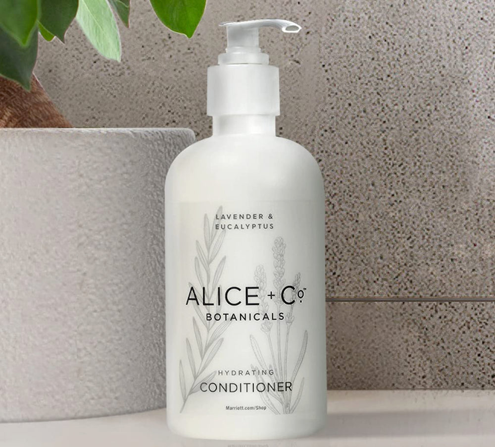 Alice + Co. Bottle closeup lavender-eucalyptus highlighting soothing scent.